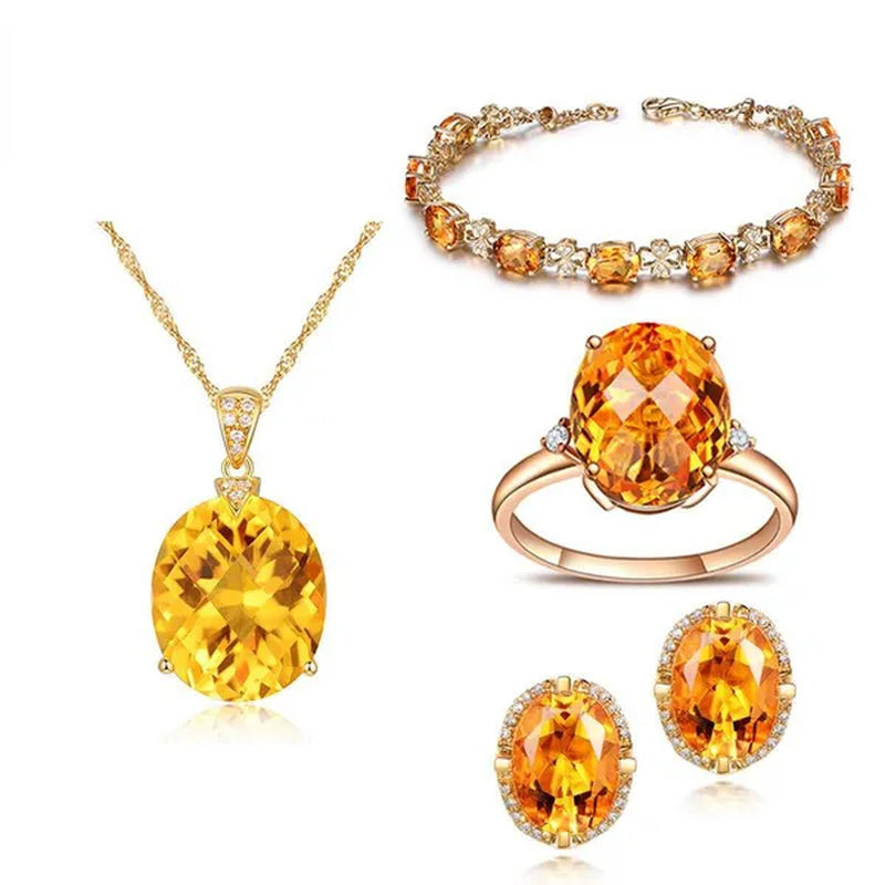 Simple 18k Golden Plated Copper Oval Citrine Jewelry Set Pendant Necklace Four Prong Adjustable Open Ring Micro Inlaid Cubic Zirconia Stud Earrings Flower Zircon Bracelet for Women Gifts Accessories