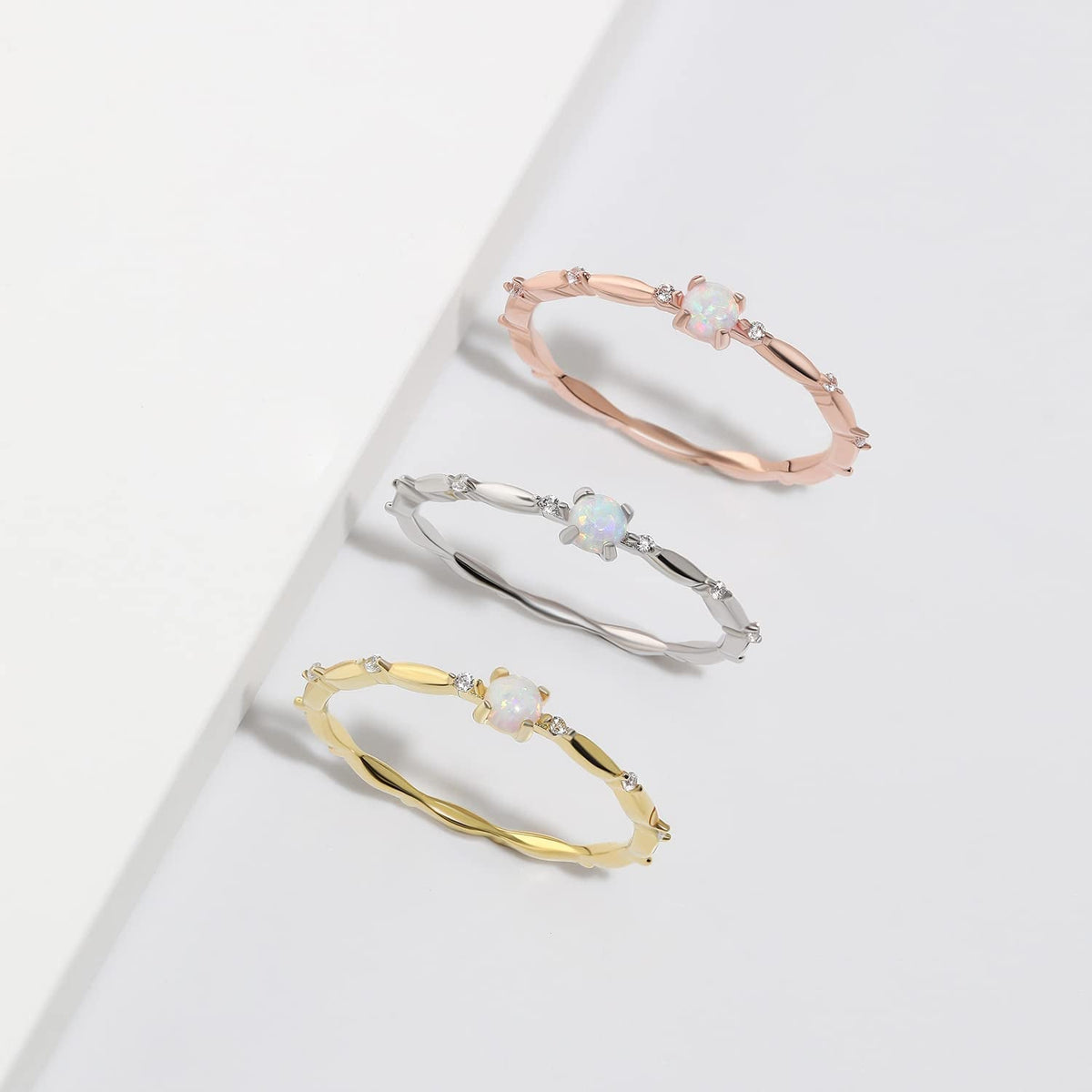 Sterling Silver Opal Ring for Women White Fire Opal October Birthstone Dainty Minimalist Stackable Ring Gold Promise Ring Size 5-9 (Rose Gold, 6.5)