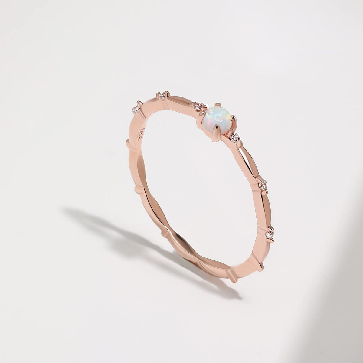 Sterling Silver Opal Ring for Women White Fire Opal October Birthstone Dainty Minimalist Stackable Ring Gold Promise Ring Size 5-9 (Rose Gold, 6.5)