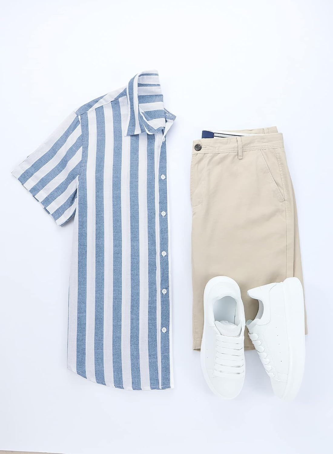 Men'S Casual Stylish Short Sleeve Button-Up Striped Dress Shirts Cotton Beach Shirt
