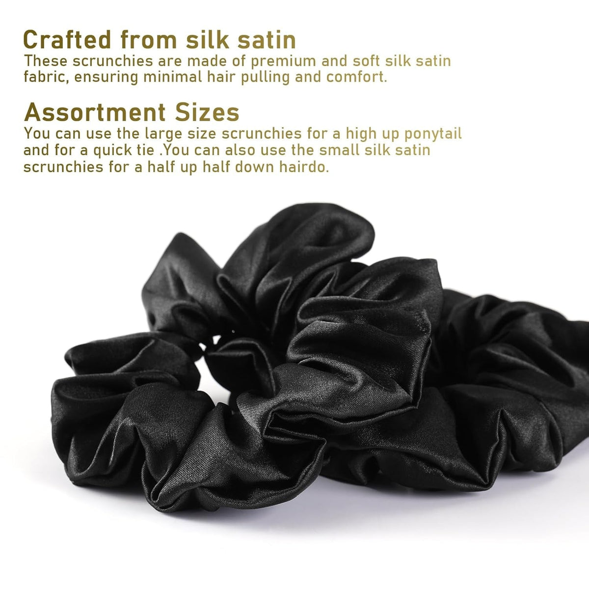 6 Pack Satin Scrunchies - Assorted Sizes, Soft and Stylish Hair Scrunchies and Bands for Women and Girls, Black