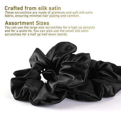 6 Pack Satin Scrunchies - Assorted Sizes, Soft and Stylish Hair Scrunchies and Bands for Women and Girls, Black