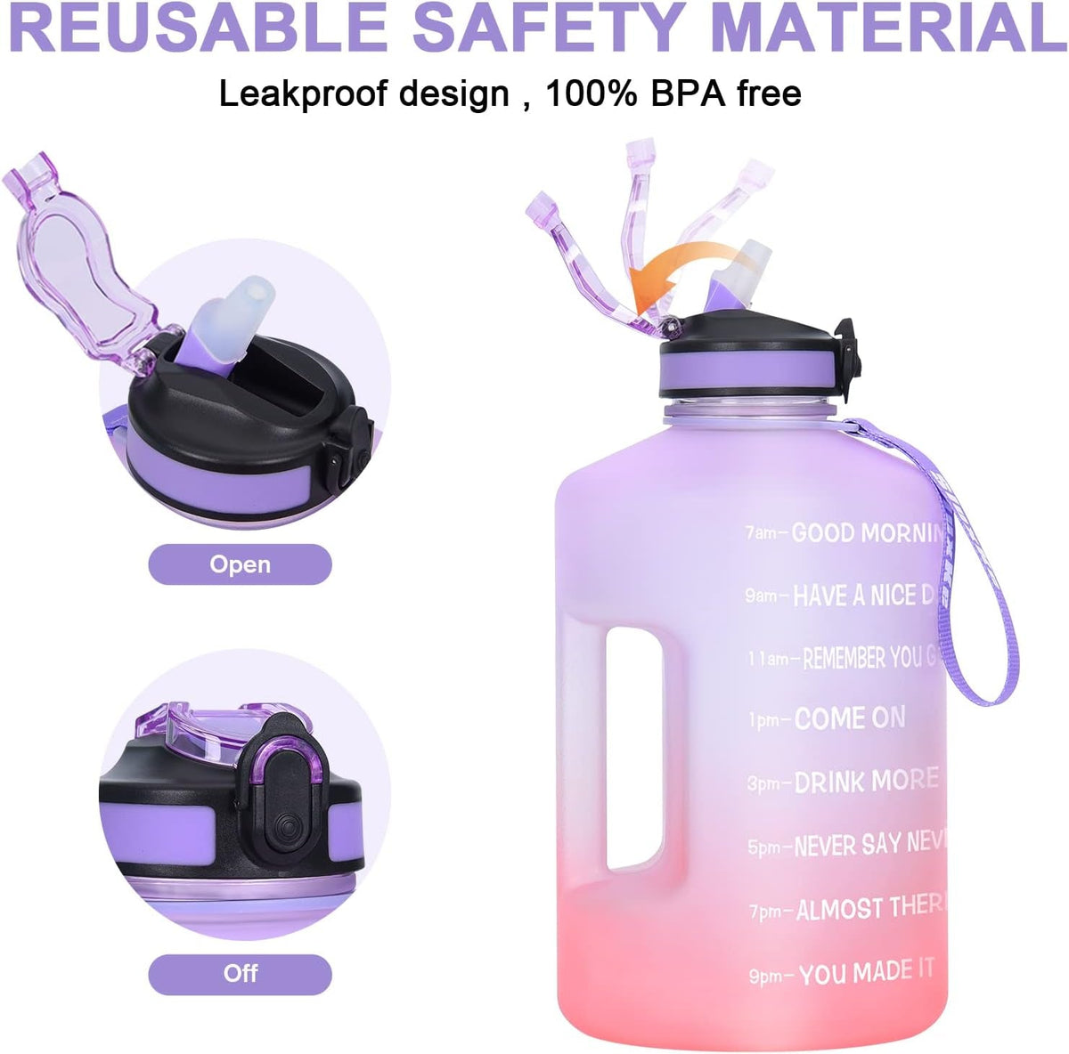1 Gallon Motivational Sports Water Bottle with Time Marker, BPA Free 128Oz Leak Proof Jug, Black, Plastic, 128 Ounces, Fitness, Sports, Outdoor Activities