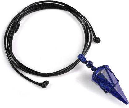 Lapis Lazuli Necklace Blue Quartz Crystal Dowsing Pendulum Divination Healing Necklace Cord Adjustable,Gemstone Hexagonal Pointed Cone Reiki Chakra Pendant