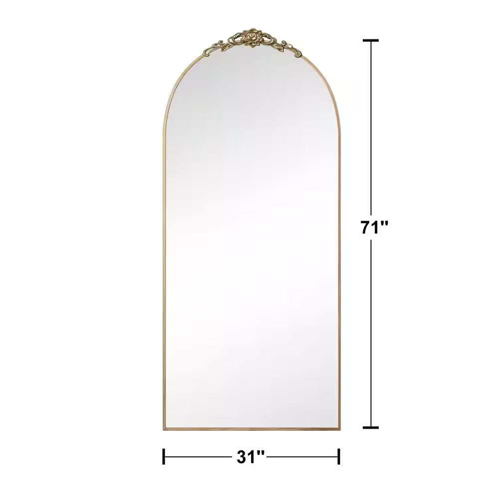 71 In.H X 32 In.W Modern Arch Removable Carved Flower Metal Framed Gold Full-Length Leaning Mirror