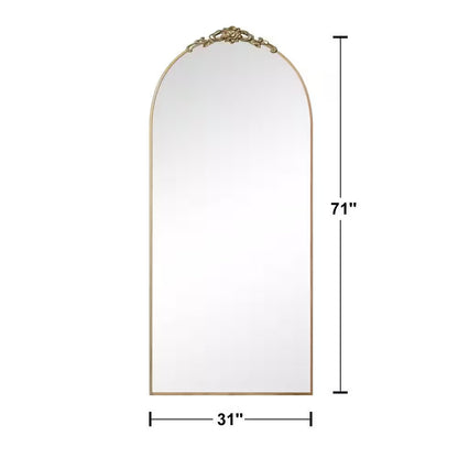 71 In.H X 32 In.W Modern Arch Removable Carved Flower Metal Framed Gold Full-Length Leaning Mirror