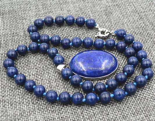 New 8mm Blue Egyptian Lapis Lazuli Beads Oval Pendant Necklace 18"
