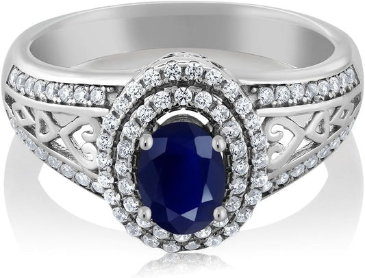 1.41 Cttw Blue Sapphire Engagement Ring for Women | 925 Sterling Silver | Center Stone: 6X4MM | Gemstone Birthstone | Wedding Anniversary Ring | Available in Size 5, 6, 7, 8, 9
