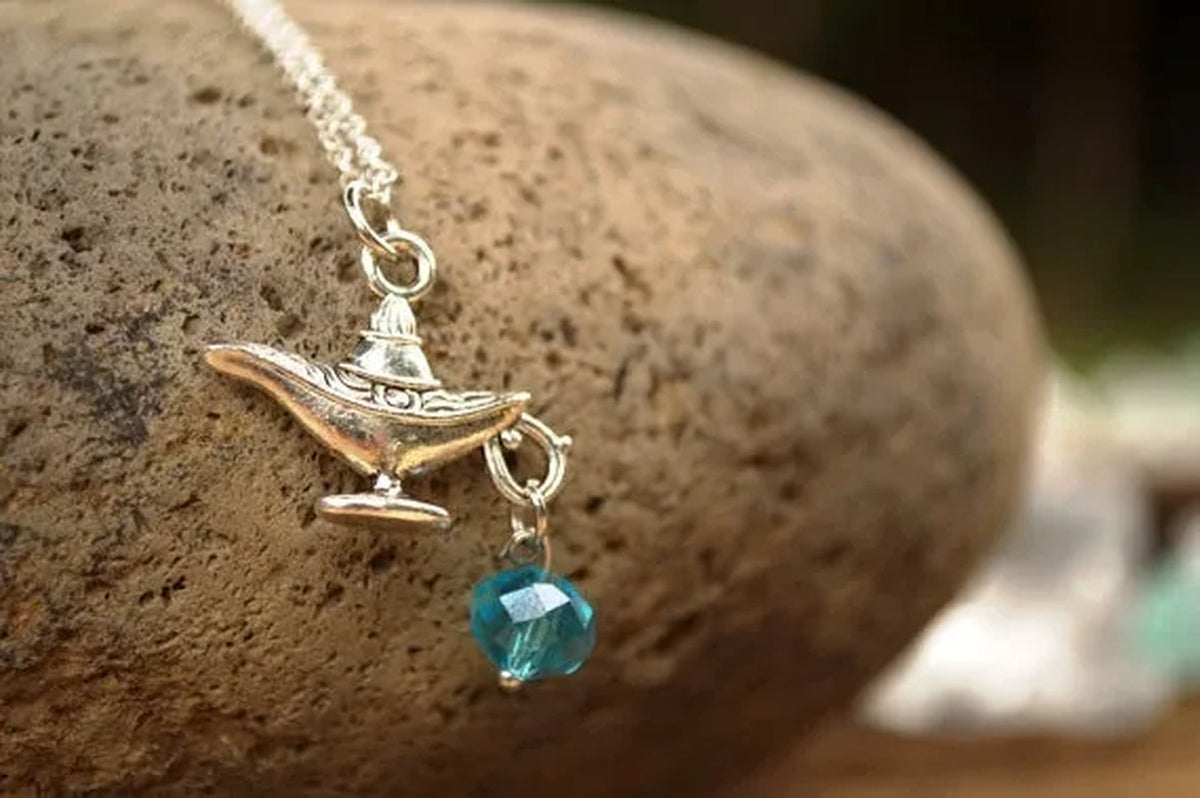 Magic Lamp Necklace,  Necklace, Lamp,  Costume,Silver Necklace, Fairytale Necklace with Birthstone Bead