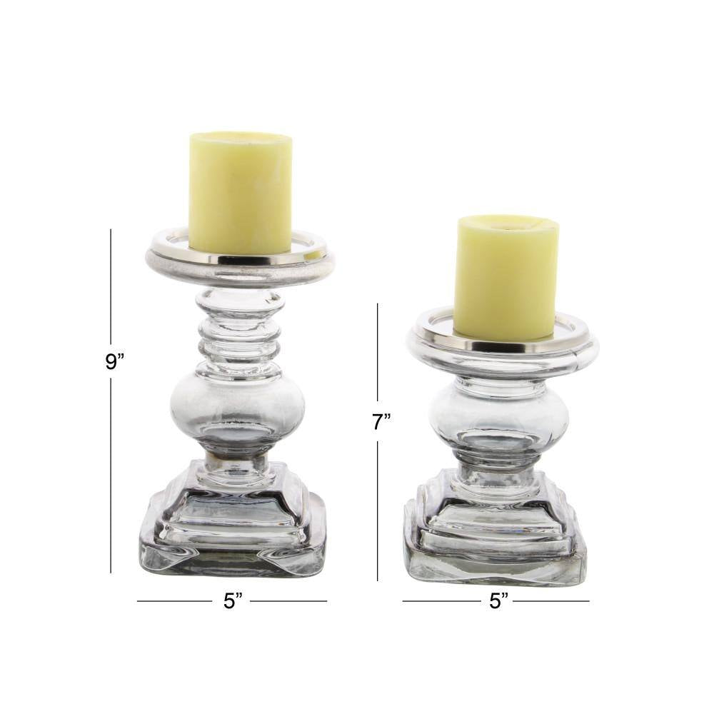 Silver Glass Handmade Turned Style Pillar Candle Holder (Set of 2)