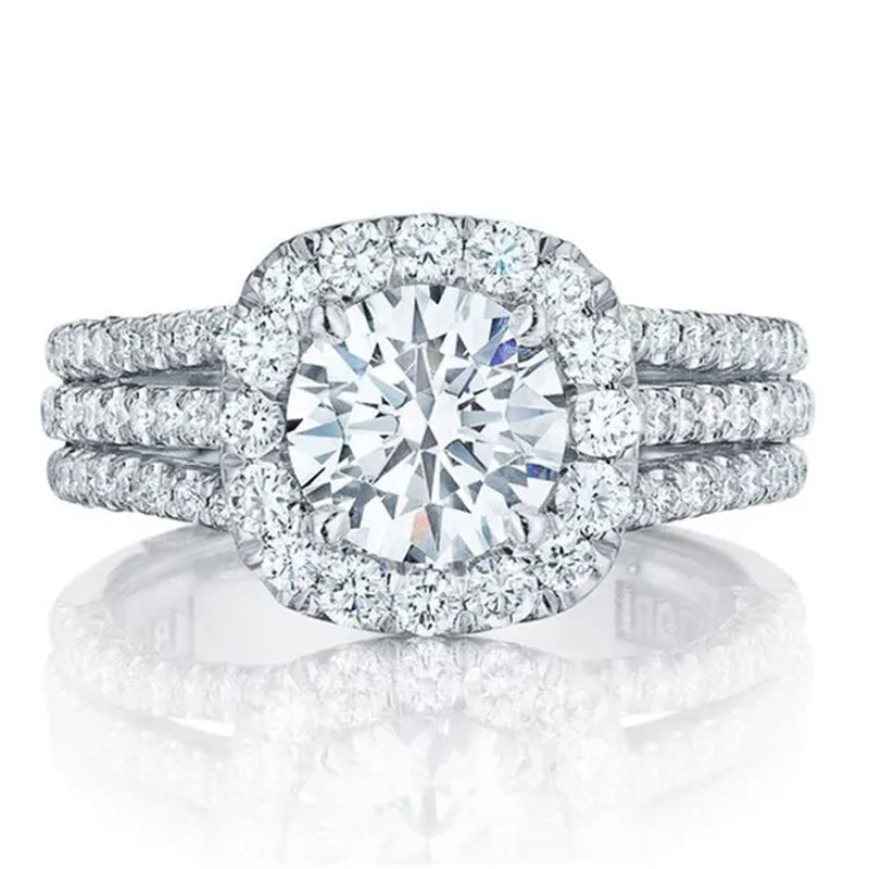 Trendy silver 4 Prong Setting 1.5 Ct zircon Side Micro Pave 3 Row Moissanite Rings for Women Engagement/wedding/casual/party Jewelry