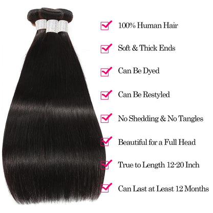 12A Human Hair Bundles Straight 16 18 20 Inch 3 Bundles Human Hair 100% Unprocessed Brazilian Virgin Hair Bundles Deals Human Hair Weave Bundles Human Hair Extension Double Weft Natural Color