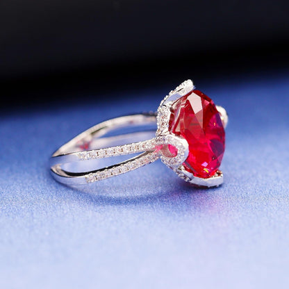 Female Unique Beautiful Red Flower Engagement Wedding Ring - Charm Created Garnet Diamond Jewelry for Women (Size 6 7 8 9 10) RJ212