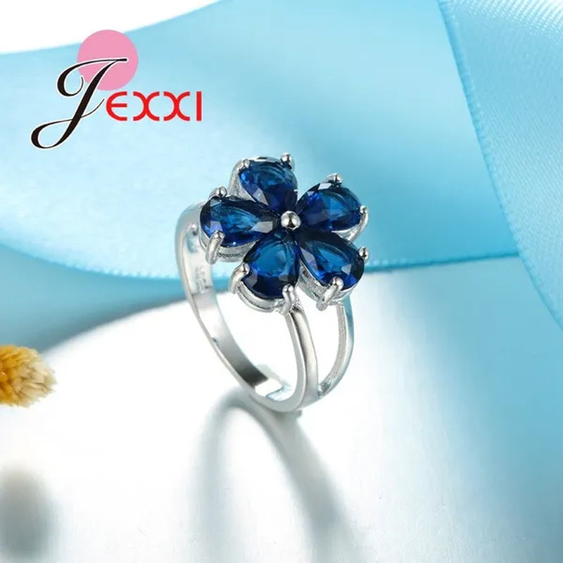 Flower Blue Crystal Sterling Silver Women Trendy Necklace Earrings Ring Bridal Wedding Jewelry Set