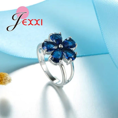 Flower Blue Crystal Sterling Silver Women Trendy Necklace Earrings Ring Bridal Wedding Jewelry Set