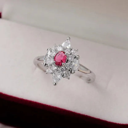 Luxury Noble Silver Plated 4 Prong Oval Cut Ruby Inlay Irregular White Sapphire Ring for Women Engagement Party Wedding Jewelry