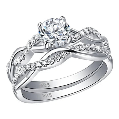 Newshe 2 Pcs 925 Sterling Silver Twist Cross Rings Wedding Engagement Ring Sets for Women AAAAA Cubic Zirconia Jewelry QR7628