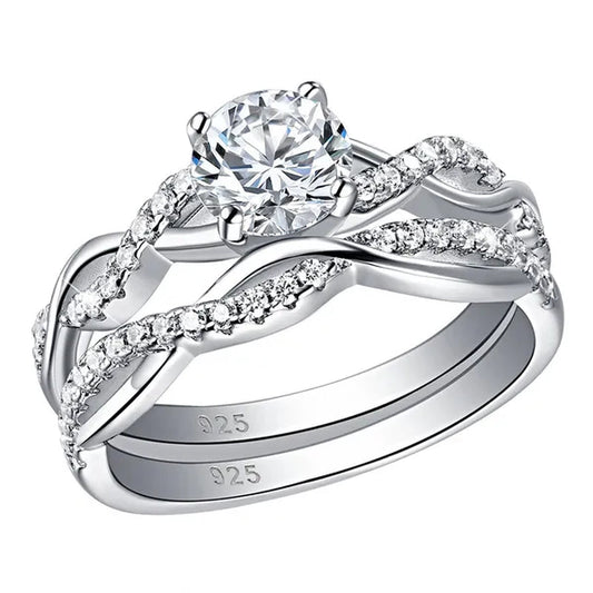 Newshe 2 Pcs 925 Sterling Silver Twist Cross Rings Wedding Engagement Ring Sets for Women AAAAA Cubic Zirconia Jewelry QR7628
