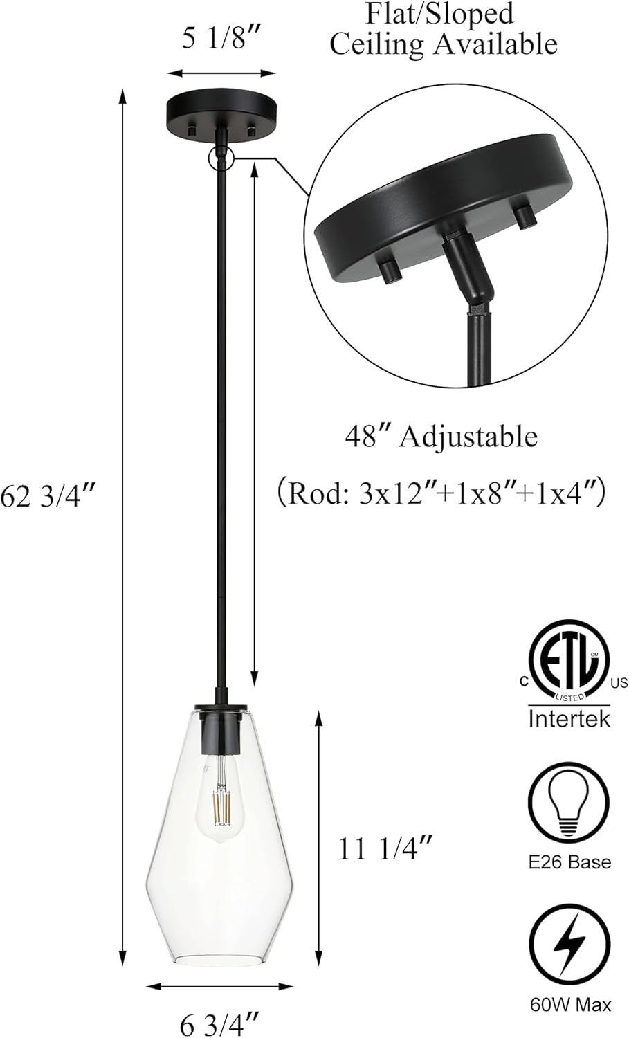 Glass Pendant Lighting, Modern 1 Light Kitchen Pendant Light Fixture Black Adjustable Pendant Lamp XB-P1228-MB