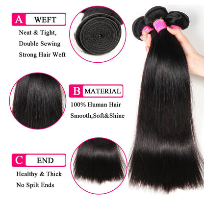 Brazilian Hair Straight Bundles 10A Grade 10 12 14 Inches 100% Unprocessed Virgin Straight Human Hair 3 Bundles Weave Extensions Natural Color