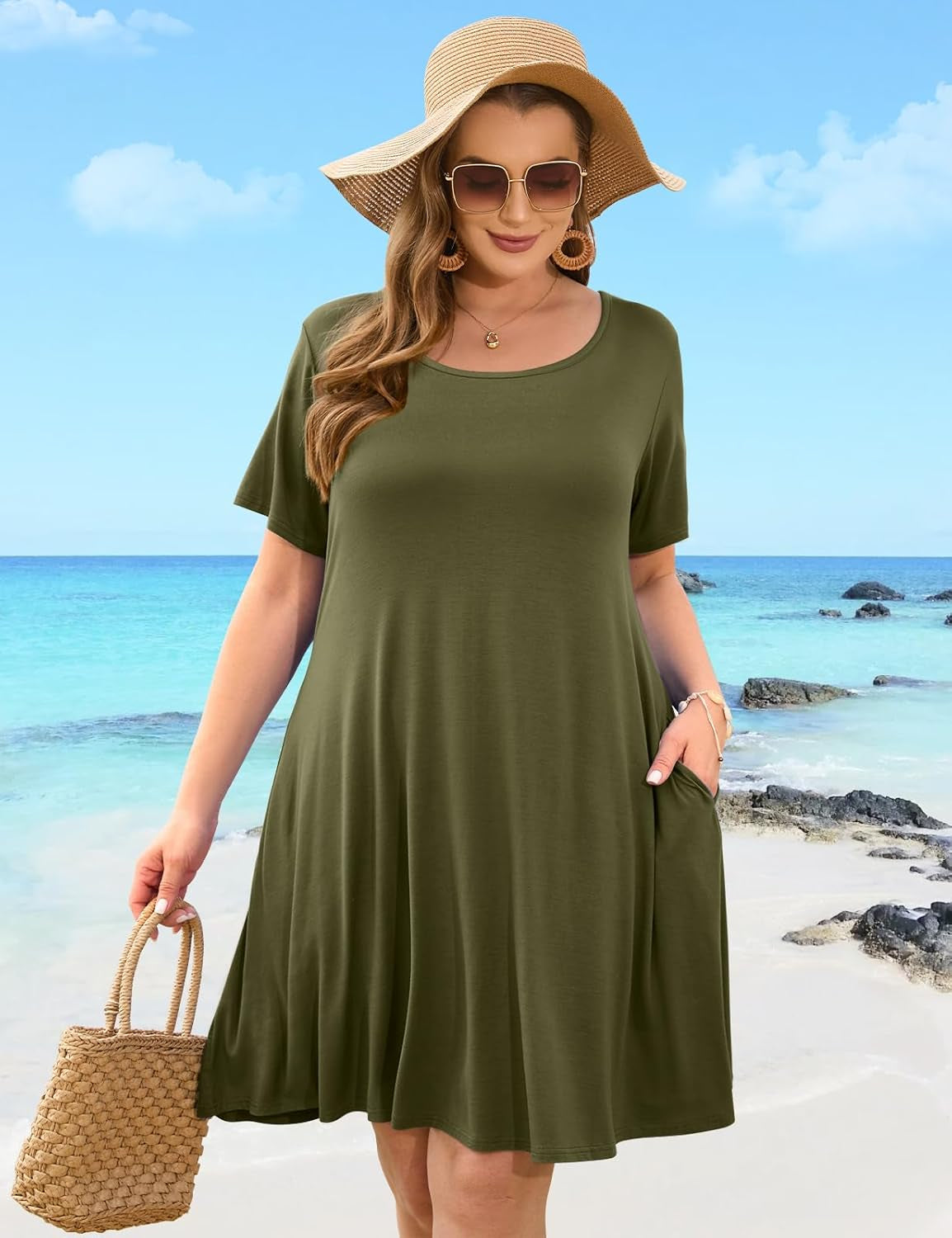 plus Size Summer T-Shirt Casual Dresses for Curvy Women Flowy Swing