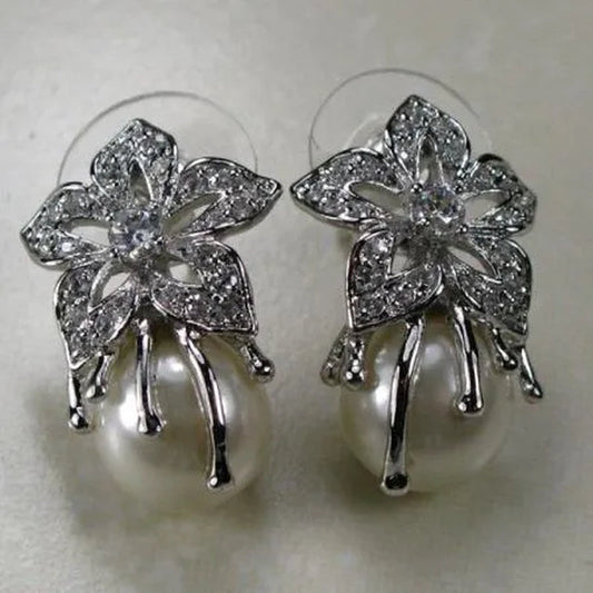 10mm White Pearl White Topaz 925 Sterling Silver Gemstone Earrings TE130