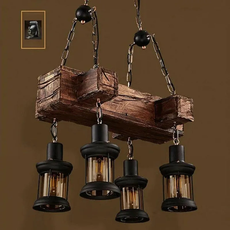 Rustic Hanging Lamp Ceiling Lamp Vintage, Chandelier Wood Hanging Lamp 4 Light
