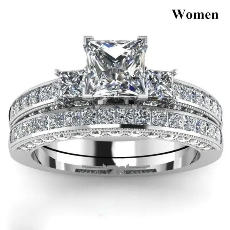 YOHAPP NEW Fashion Couple Rings Set Jewelry - Men's 8mm 316L Stainless Steel Titanium Ring and Women's Three Stone Princess Cut 1CT Diamond   Silver  Bridal Wedding Engagement Band Ring