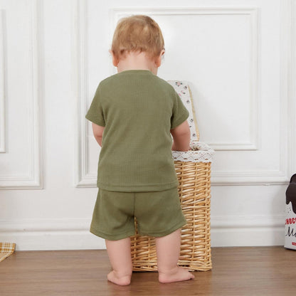 Toddler Baby Boy Summer Clothes Embroiderey Waffle Knit Short Sleeve T-Shirt Tees + Casual Shorts Cute Clothing Set
