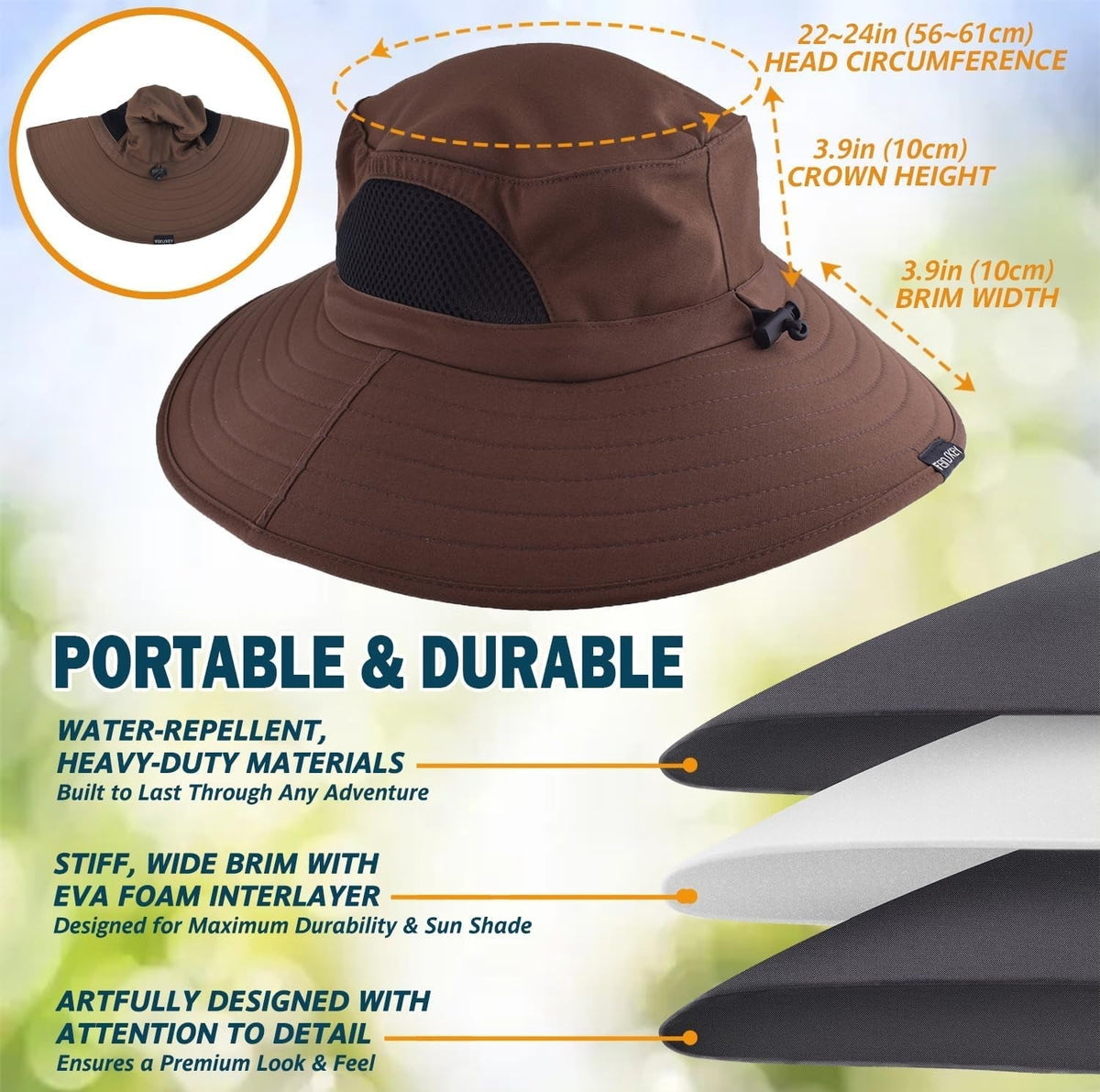 Wide Brim Sun Hat, UPF 50+ UV Protection Waterproof Packable Bucket Hat for Men & Women, Fishing Hiking Beach Garden