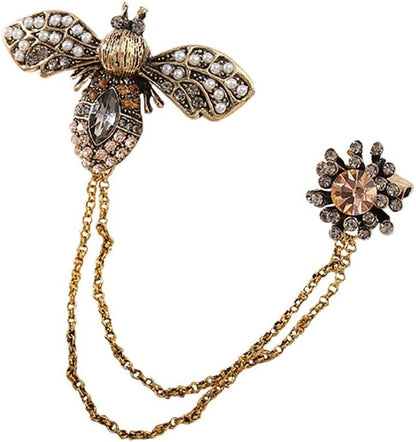 Antique Honey Bee Long Chain Collar Brooch Pin for Women Men Girls Crystal Rhinestone Flower Lapel Brooches Hanging Tassel Tie Pins Vintage Birthday Christmas Jewelry Gifts for Dress Suit Badges
