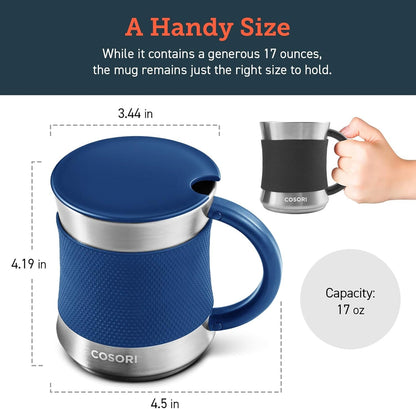 Coffee Mug with Lids Set of 2, Stainless Steel Cups with Heat-Resistant Handle & Slip-Resistant Sleeve, 17 Oz, Best Match W/Mug Warmer, for Coffee,Tea,Water,Cocoa, Milk, C1601-CM, Black & Blue