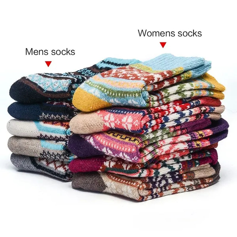 5Pairs Winter Knitting Cashmere Warm Cotton Soft Thicken Women Men Socks  Assorted Patterns Wool Sock For Men and Women