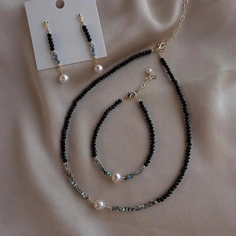 Luxury     Natural Black Spinel Moonstone Pearl Necklace Earring Bracelet Set Creative Women's Gemstone Beaded Thin Bracelet Clavicle Chain Necklace Tassel Stud Earrings Dangle Earrings Sparking Birthday Anniversary Halloween Christmas Jewelry Set Gift