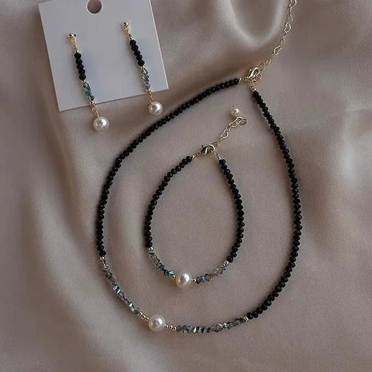 Luxury     Natural Black Spinel Moonstone Pearl Necklace Earring Bracelet Set Creative Women's Gemstone Beaded Thin Bracelet Clavicle Chain Necklace Tassel Stud Earrings Dangle Earrings Sparking Birthday Anniversary Halloween Christmas Jewelry Set Gift