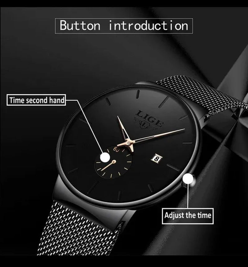 LIGE 2024 Fashion Mens Watches Top Brand Luxury Quartz Watch Men Casual Slim Mesh Steel Waterproof Sport Watch Relogio Masculino