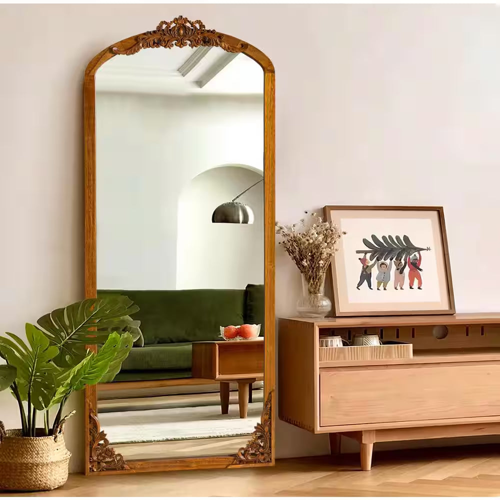 30 In. W X 69 In. H Rustic Arched Solid Wood Framed DIY Carved Full Length Mirror