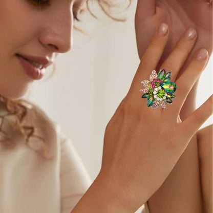 Luxury Women'S Austrian Crystal Leaves Flower Big Cocktail Statement Rings Stretch Adjustable Ring Jewelry Accessories