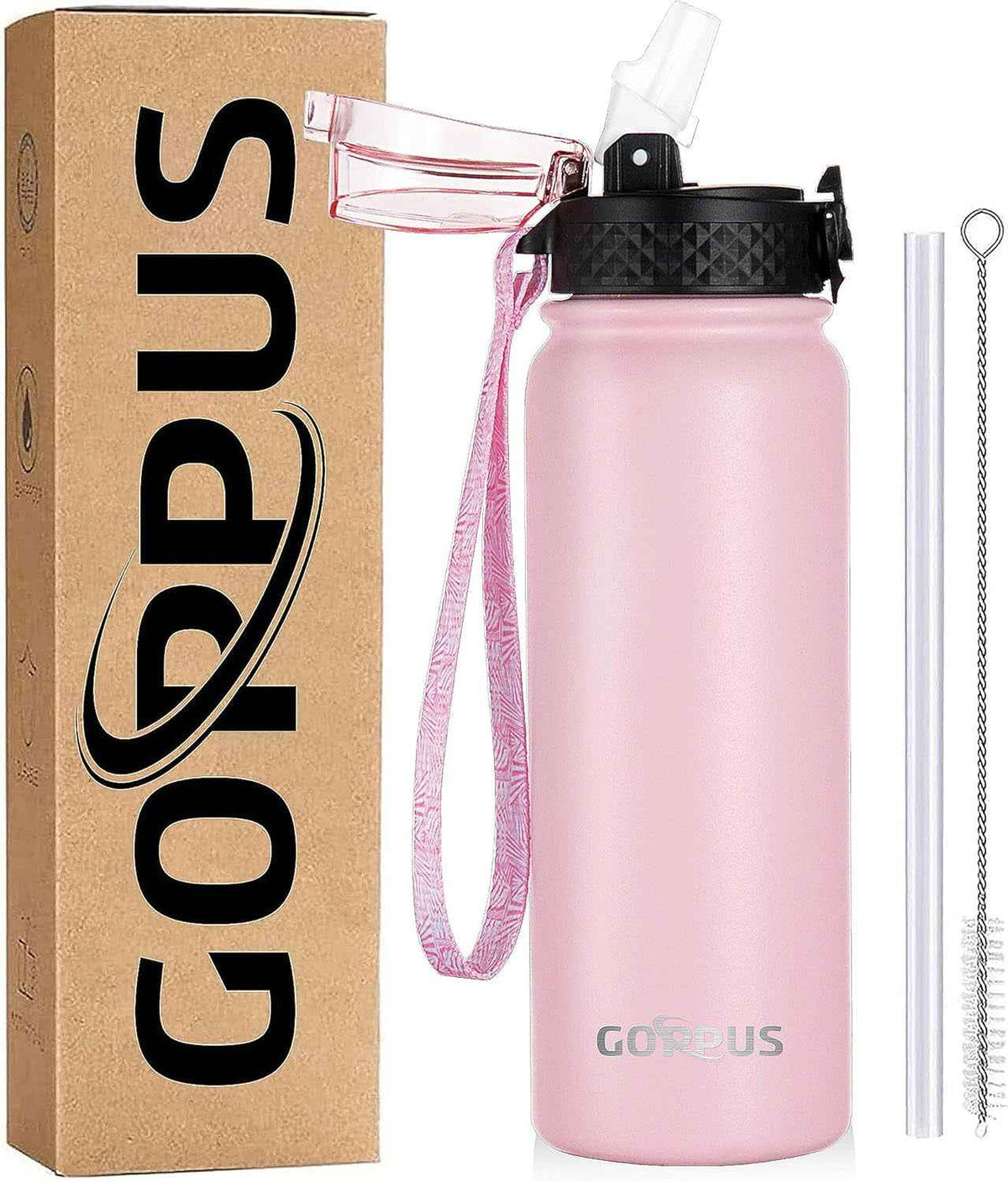 Kids Water Bottle with Straw Spout Wide Mouth Lid 20 Oz Double Walled Metal Insulated Stainless Steel Water Bottles Leak Proof with Strap Handle for Boys Girls School (Pink, 1 Lid）