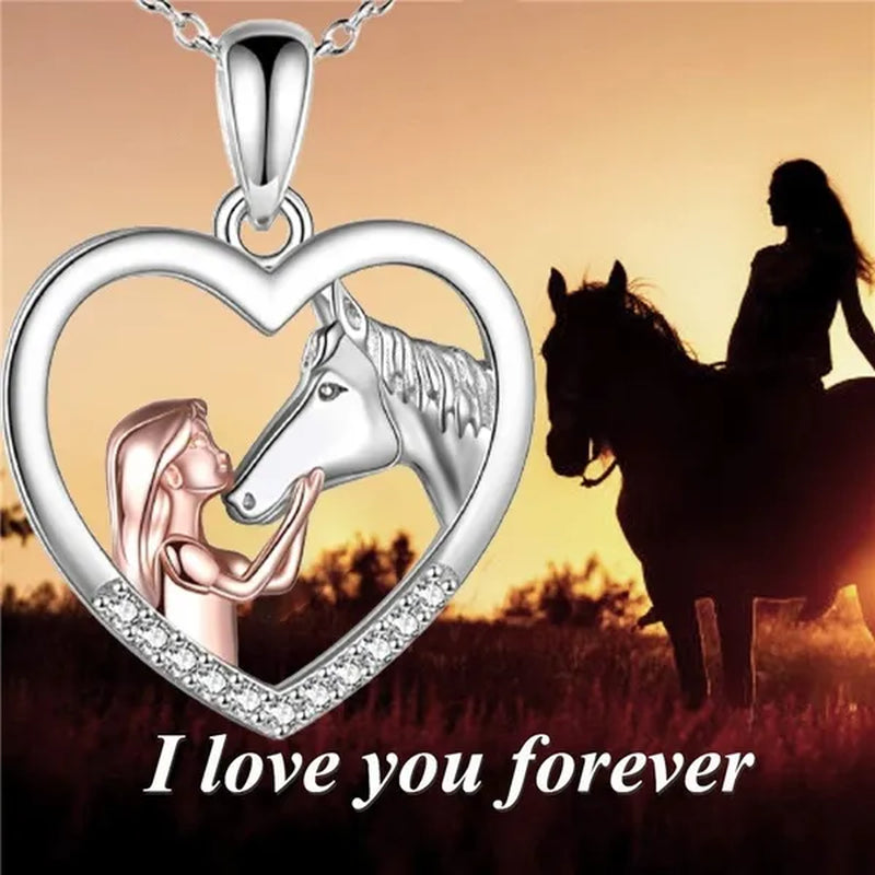 2022 New Exquisite Fashion 925 Sterling Silver Girl and Horse Necklace for Women Girls Heart Diamond Pendant Necklace Horse Jewelry for Girl Daughter Birthday Party Anniversary Gift