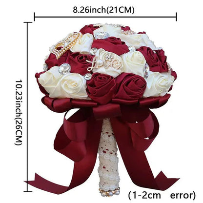 21CM Silk Rose Wedding Flower Bouquet Pearl Rhinestone Brooch Bouquet Bride Bridesmaid Holding Flowers Wedding Party Shooting Props