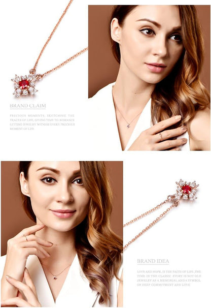 Natural Red Ruby Diamond Pendant Solid 14K Rose Gold Antique 925 Sterling Silver Necklace Chain Retro