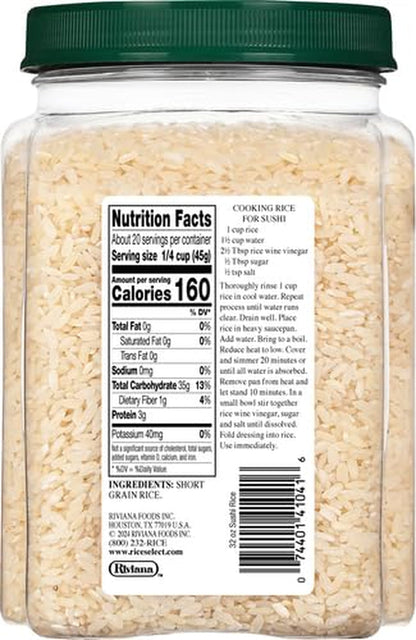 Sushi Rice for Sushi and Japanese Food, Premium Gluten-Free Short-Grain Rice, Non-Gmo, 32-Ounce Jar