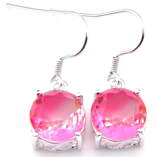 Classic Round Pink Bi-Colored Tourmaline Gemstone Silver Dangle Earrings for Women Holiday Gifts