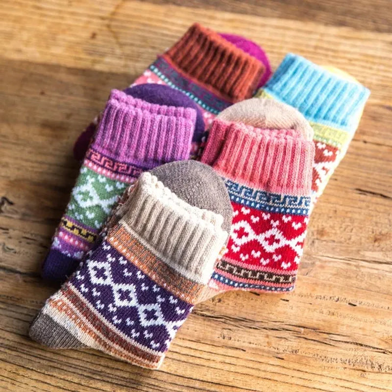 5Pairs Winter Knitting Cashmere Warm Cotton Soft Thicken Women Men Socks  Assorted Patterns Wool Sock For Men and Women