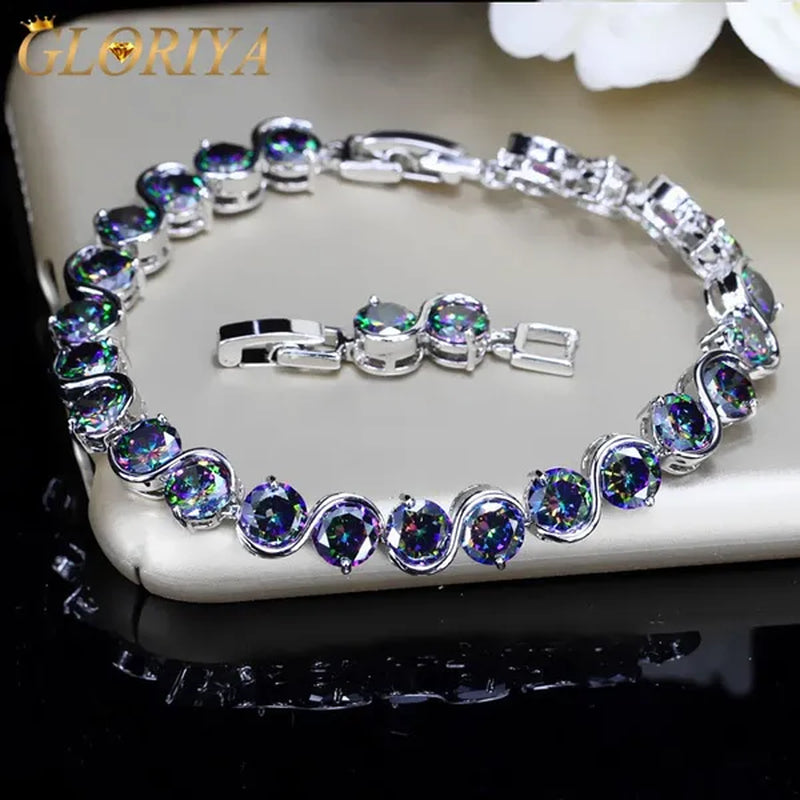 Gloriya Perfect Round Cut Mystic Rainbow Crystal Bangle Bracelets for Cocktail Party Lady Fashion CZ Silver Plated Jewelry Gifts