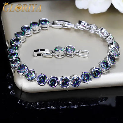 Gloriya Perfect Round Cut Mystic Rainbow Crystal Bangle Bracelets for Cocktail Party Lady Fashion CZ Silver Plated Jewelry Gifts