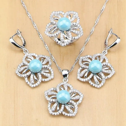 Flower 925 Silver Jewelry Set Blue Pearl With Beads Pendant Drop Earrings Rings Necklace  For Women