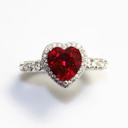Fashion  Red Ruby Heart Shape Ring Bride Engagement Jewelry Princess Wedding Anniversary Fashion Accessory Gift