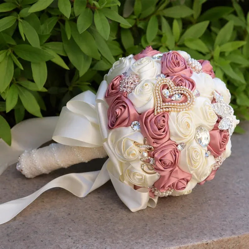 21CM Satin Ribbon Roses Wedding Bouquet Pearl Crystal Brooch Bride Holding Flowers Artificial Rose Wedding Flower Bridesmaid Bouquet. Multi-color Optional